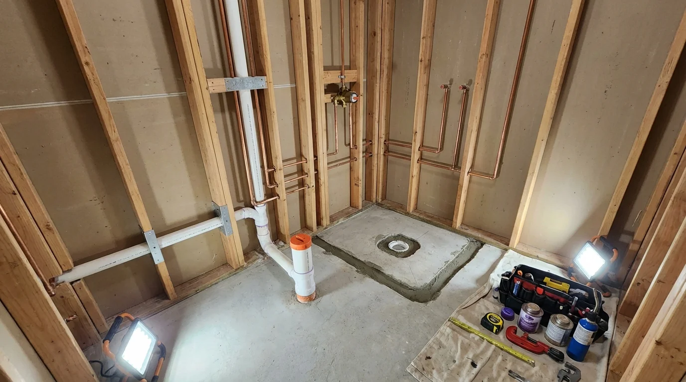 Bathroom rough-in plumbing during remodel by Johns Plumbing LLC in Marathon