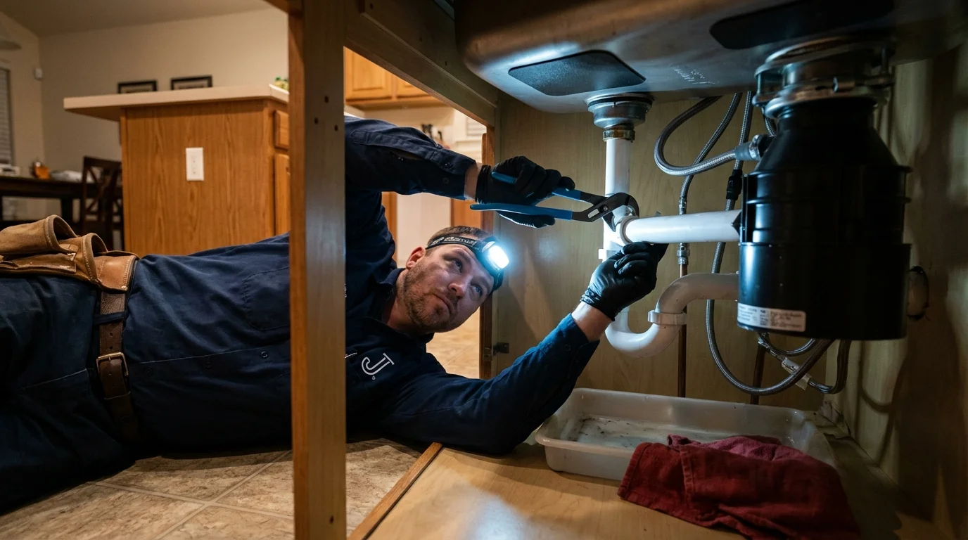 P-trap and supply line connections under a kitchen sink showing a common leak point in Marathon, FL